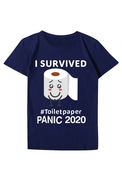 Popular Letter I Survived Toilet Paper Graphic Short Sleeve Crew Neck Loose T Shirt for Guys