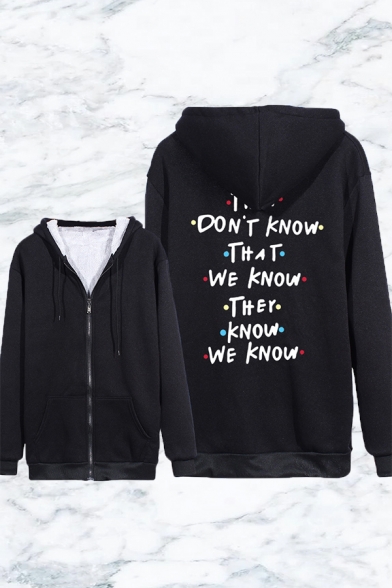 Popular They Don't Know That We Know Letter Printed Long Sleeve Zip up Sherpa Liner Loose Hoodie