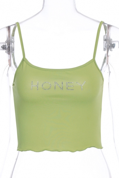 Sexy Womens Letter Honey Rhinestone Spaghetti Straps Stringy Selvedge Slim Fitted Cropped Cami Top