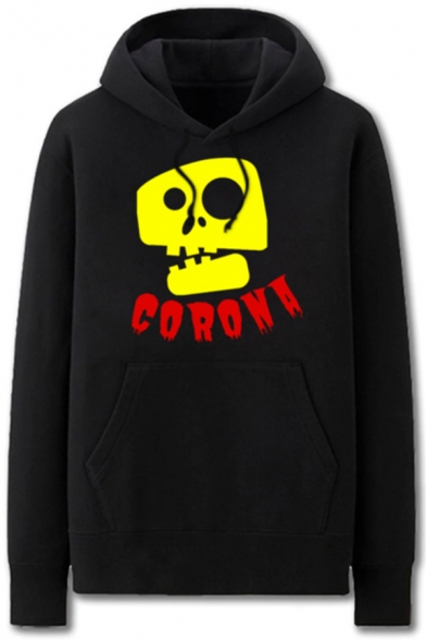 Simple Black Skull Pattern Letter Corona Pocket Drawstring Long Sleeve Regular Fit Graphic Hooded Sweatshirt for Men