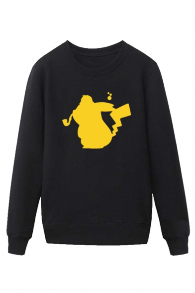 Simple Cartoon Pikachu Pattern Pullover Long Sleeve Round Neck Regular Fit Sweatshirt for Men