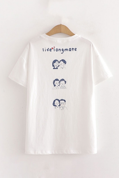 Simple Womens Letter Life Long Mate Cartoon Graphic Short Sleeve Crew Neck Loose Tee Top in White