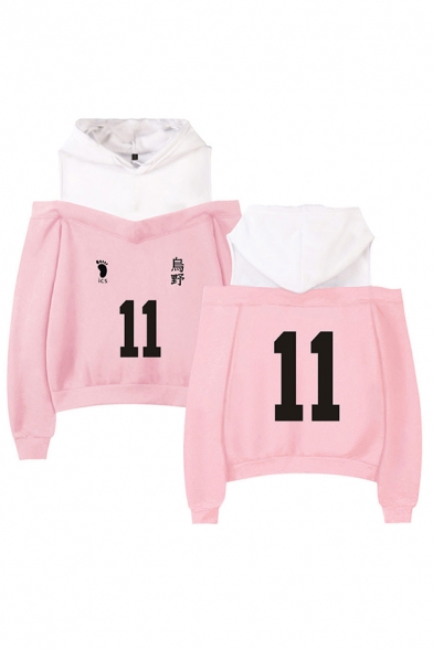 Sportswear Girls Number 9 Footprint Graphic Colorblock Patchwork Long Sleeve Cold Shoulder Loose-fit Hoodie