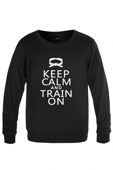 Sporty String Letter Keep Calm And Train on Printed Pullover Long Sleeve Round Neck Regular Fitted Graphic Sweatshirt for Men