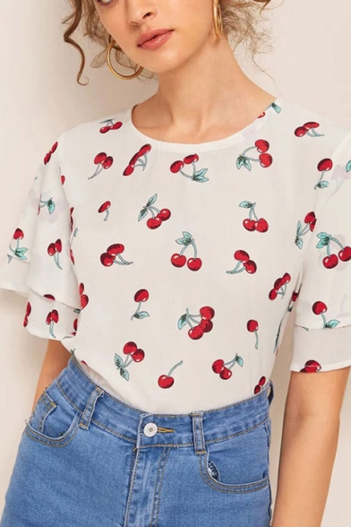 Stylish Allover Cherry Bi-layered Short Sleeve Round Neck Regular Fit Chiffon T Shirt in White