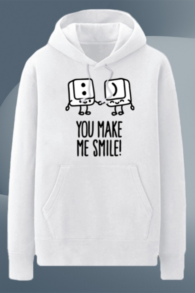 Stylish Keyboard Letter You Make Me Smile Printed Pocket Drawstring Long Sleeve Regular Fit Graphic Hooded Sweatshirt for Men