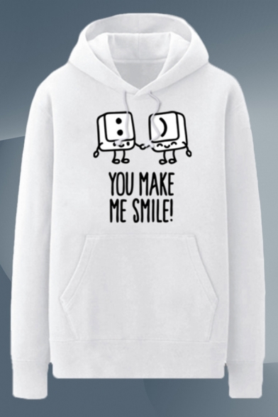 Stylish Keyboard Letter You Make Me Smile Printed Pocket Drawstring Long Sleeve Regular Fit Graphic Hooded Sweatshirt for Men