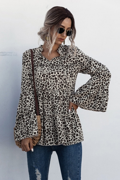 Stylish Ladies Leopard Print Bell Long Sleeve V-neck Ruffled Relaxed Fit Tee Top in Apricot