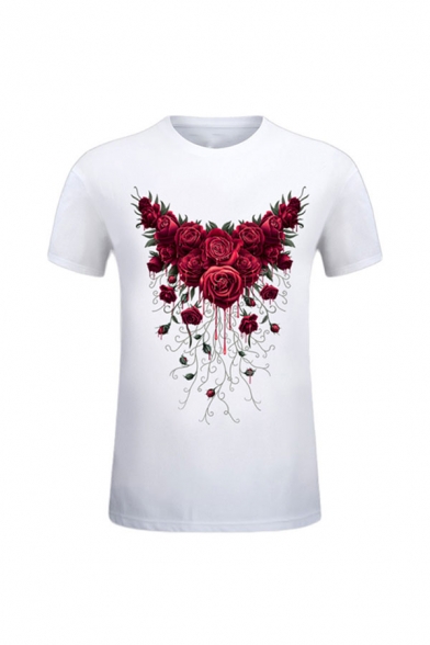 Stylish Mens 3D Floral Pattern Round Neck Short Sleeve Regular Fitted Tee Top