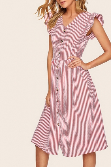 Stylish Stripe Pattern Ruffled Sleeveless V-neck Button up Mid A-line Smock Dress in Red