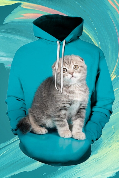 Unique Mens Cat 3D Pattern Pocket Drawstring Full Sleeves Relaxed Fitted Hoodie