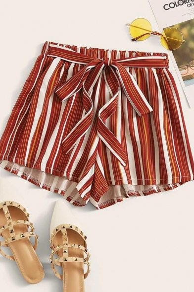 Womens Trendy Stripe Print Bow Tied Waist Relaxed Shorts in Red