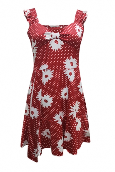 Adorable Womens Allover Flower Pattern Ruffled Ruched Mini A-line Cami Dress