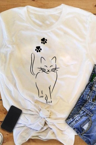 Basic Girls Cartoon Cat Pattern Roll up Sleeve Crew Neck Slim Fit T-shirt