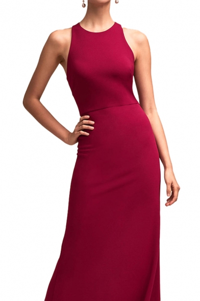 Boutique Womens Solid Color Sleeveless Hollow-out Back Maxi A-line Formal Dress