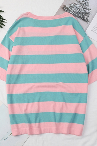 Cartoon Embroidery Stripe Printed Short Sleeve Round Neck Loose Fit Popular T Shirt for Women