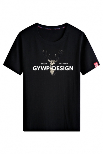 Casual Guys Letter Gywp Design Deer Graphic Short Sleeve Crew Neck Relaxed Fit T Shirt