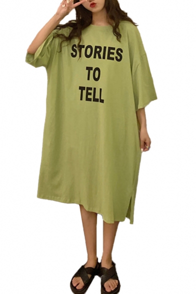 Casual Womens Letter Stories To Tell Print Half Sleeve Round Neck Midi Oversize T Shirt