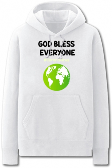Chic Mens Earth Letter God Bless Everyone Corona Virus Printed Pocket Drawstring Long Sleeve Regular Fit Graphic Hooded Sweatshirt