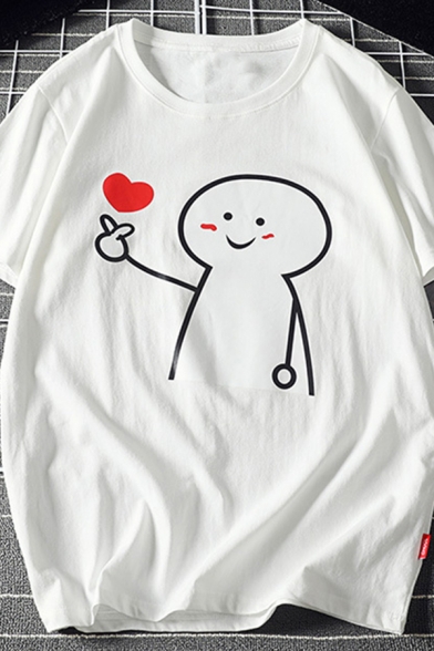 Cool Men's T-Shirt Heart Cartoon Pattern Loose Fit Short Sleeve Round Neck T-Shirt