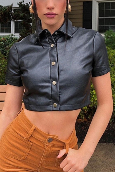 Cool Womens Leather Short Sleeve Spread Collar Press Button down Slim Cropped Shirt in Black