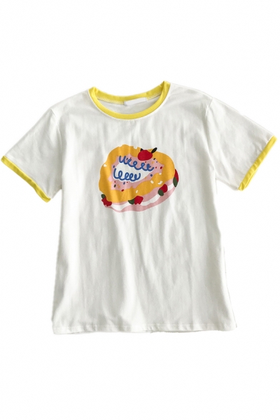 Cute Girls Cartoon Cake Printed Patchwork Crew Neck Short Sleeve Regular Fit Top T Shirt