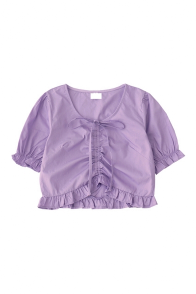 Elegant Girls Solid Color Ruched Drawstring Ruffle Cuff V Neck Short Puff Sleeve Regular Fit Crop Shirt