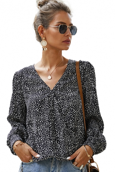 Fancy Ditsy Floral Print Blouson Sleeve Surplice Neck Relaxed Fit Blouse Top for Ladies