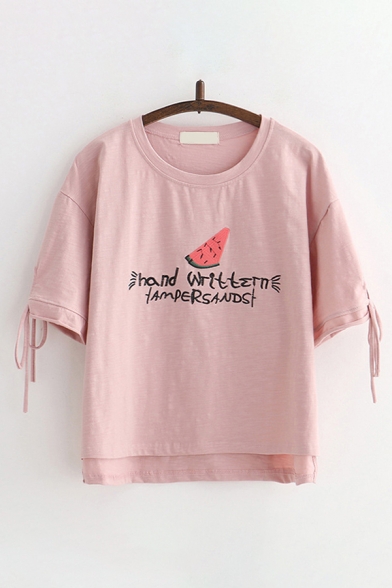 Fancy Girls Letter Hand Writtern Watermelon Graphic Bow Tied Short Sleeve Round Neck Relaxed T Shirt