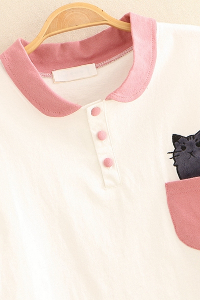 Fancy Girls Pocket Cat Embroidered Contrasted 3/4 Sleeves Turn down Collar Button up Relaxed Polo Shirt