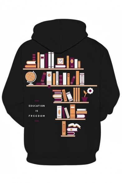 Fancy Mens 3D Book Egg Letter Education Is Freedom Printed Pocket Drawstring Long Sleeve Regular Fit Graphic Hoodie