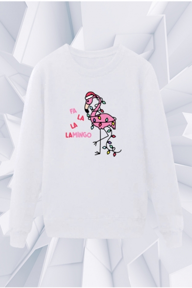 Fancy Mens Flamingo Pattern Letter Falala Lamingo Printed Pullover Long Sleeve Round Neck Regular Fit Graphic Sweatshirt