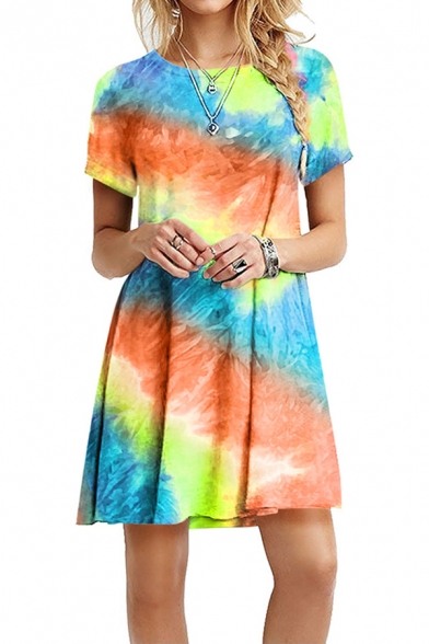 Fashion Womens Tie Dye Print Short Sleeve Round Neck Short Pleated Swing T Shirt Dress