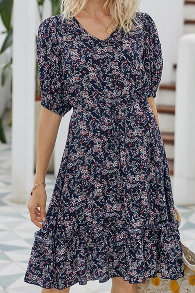 Fashionable Ditsy Floral Print Drawstring Waist Stringy Selvedge V Neck Short Puff Sleeve Knee Length A-Line Dress for Women