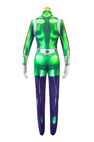 Fashionable Girls Contrasted Long Sleeve High Neck Long Skinny Cosplay Jumpsuit in Green