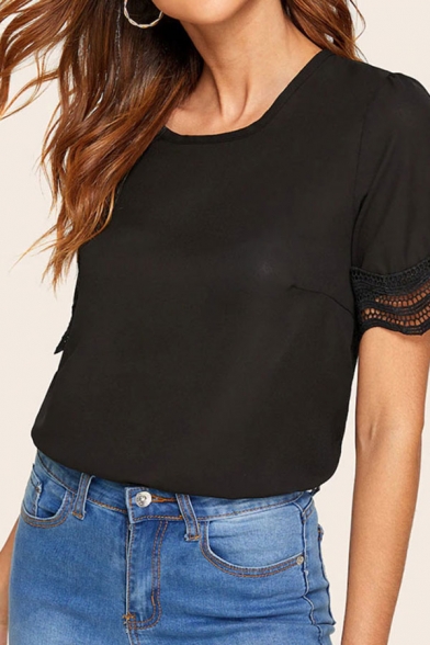 Formal Womens Lace Trim Short Sleeve Round Neck Relaxed Tee Top in Black