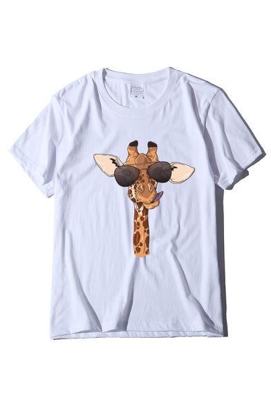 Funny Giraffe Print Short Sleeve Crew Neck Regular Fit Summer T Shirt for Women