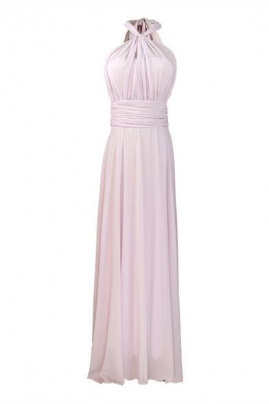 Glamorous Ladies Pink Sleeveless Bow Tied Halter Open Back Maxi Pleated A-line Tank Dress in Pink