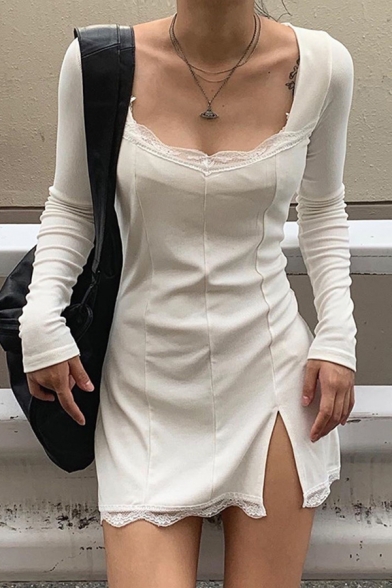Hot Girls Solid Color Long Sleeve Round Neck Lace Trimmed Slit Mini Fit Dress
