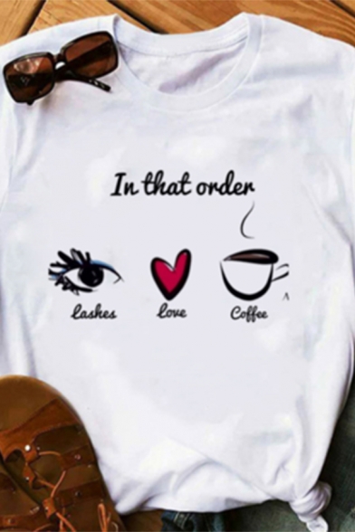 In That Order Letter Cartoon Eye Heart Coffee Graphic Rolled Short Sleeve Crew Neck Fitted Stylish T-shirt in White