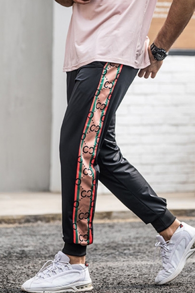 Mens Classic Black Striped Pattern Pockets Drawstring 7/8 Length Tapered Fit Jogger Sweatpants