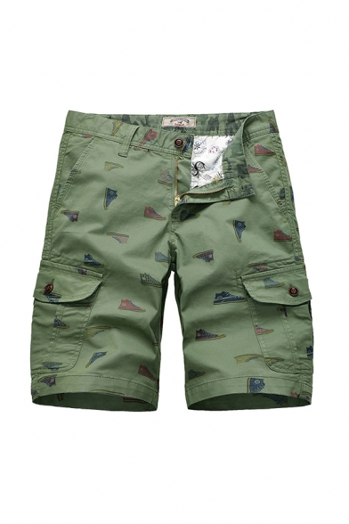 Mens Fancy Shorts Shoes Print Zip-fly Flap Pockets Button Detail Knee Length Straight Fit Chino Shorts