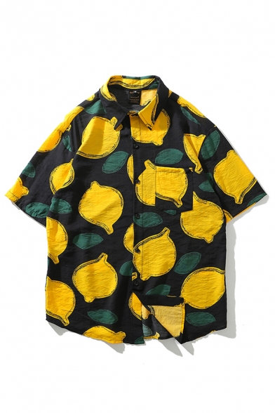 Mens Retro All-over Lemon Pattern Button down Chest Pocket Point Collar Short Sleeve Regular Fit Shirt