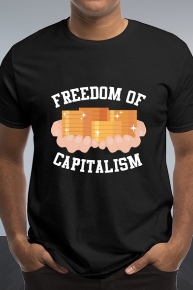 Popular Letter Freedom of Capitalism Graphic Short Sleeve Crew Neck Slim Fit T Shirt in Black