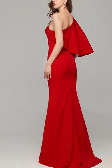 Popular Red One Shoulder Ruffled Patched Maxi Sheath Flowy Dinner Dress for Women