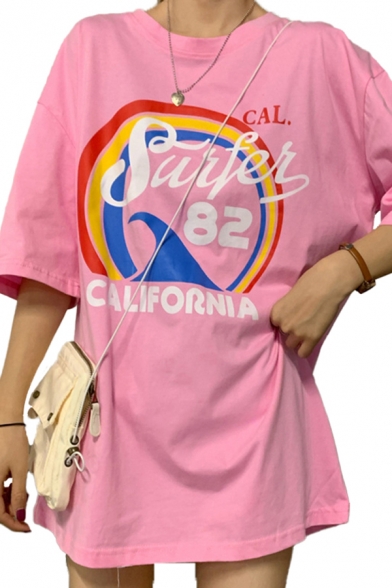 Popular Womens Letter California Colorful Stripe Graphic Half Sleeve Crew Neck Oversize Tee Top