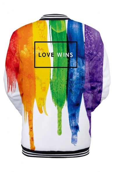 Pride Month Popular Letter LOVE WINS Colorful Painting Rib Stand Collar Long Sleeve Button Down Baseball Jacket