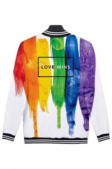 Pride Month Popular Letter LOVE WINS Colorful Painting Rib Stand Collar Long Sleeve Button Down Baseball Jacket