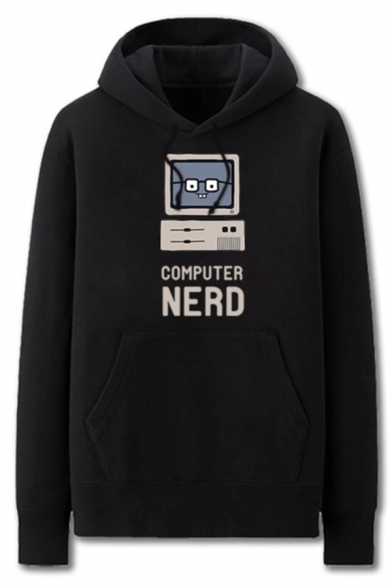 Simple Black Computer Letter Computer Nerd Printed Pocket Drawstring Long Sleeve Regular Fit Graphic Hooded Sweatshirt for Men