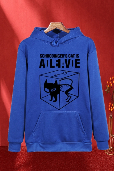 Simple Letter Schrodinger's Cat Is Cartoon Cat Graphic Long Sleeve Loose Hoodie with Pocket